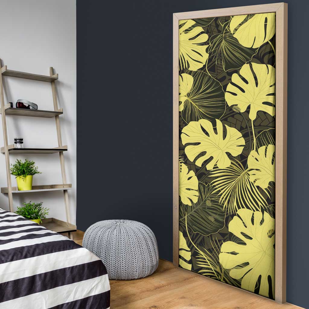 Yellow Hawaii Kukui Nut Lei Door Cover Hawaiian Pattern Monstera Tropical Vibes - Polynesian Pride
