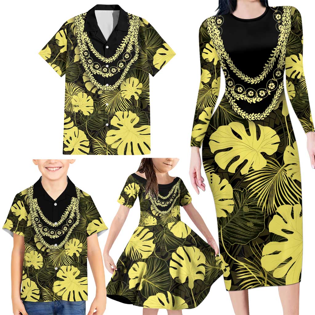 Yellow Hawaii Kukui Nut Lei Family Matching Long Sleeve Bodycon Dress and Hawaiian Shirt Hawaiian Pattern Monstera Tropical Vibes - Polynesian Pride