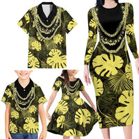 Yellow Hawaii Kukui Nut Lei Family Matching Long Sleeve Bodycon Dress and Hawaiian Shirt Hawaiian Pattern Monstera Tropical Vibes - Polynesian Pride