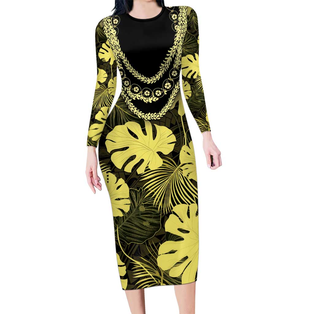 Yellow Hawaii Kukui Nut Lei Family Matching Long Sleeve Bodycon Dress and Hawaiian Shirt Hawaiian Pattern Monstera Tropical Vibes - Polynesian Pride