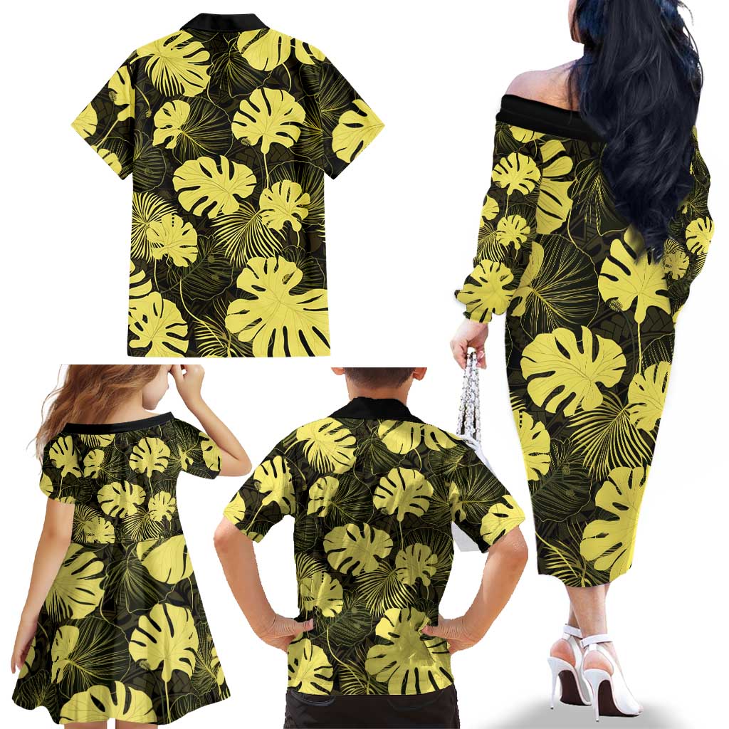 Yellow Hawaii Kukui Nut Lei Family Matching Off The Shoulder Long Sleeve Dress and Hawaiian Shirt Hawaiian Pattern Monstera Tropical Vibes - Polynesian Pride
