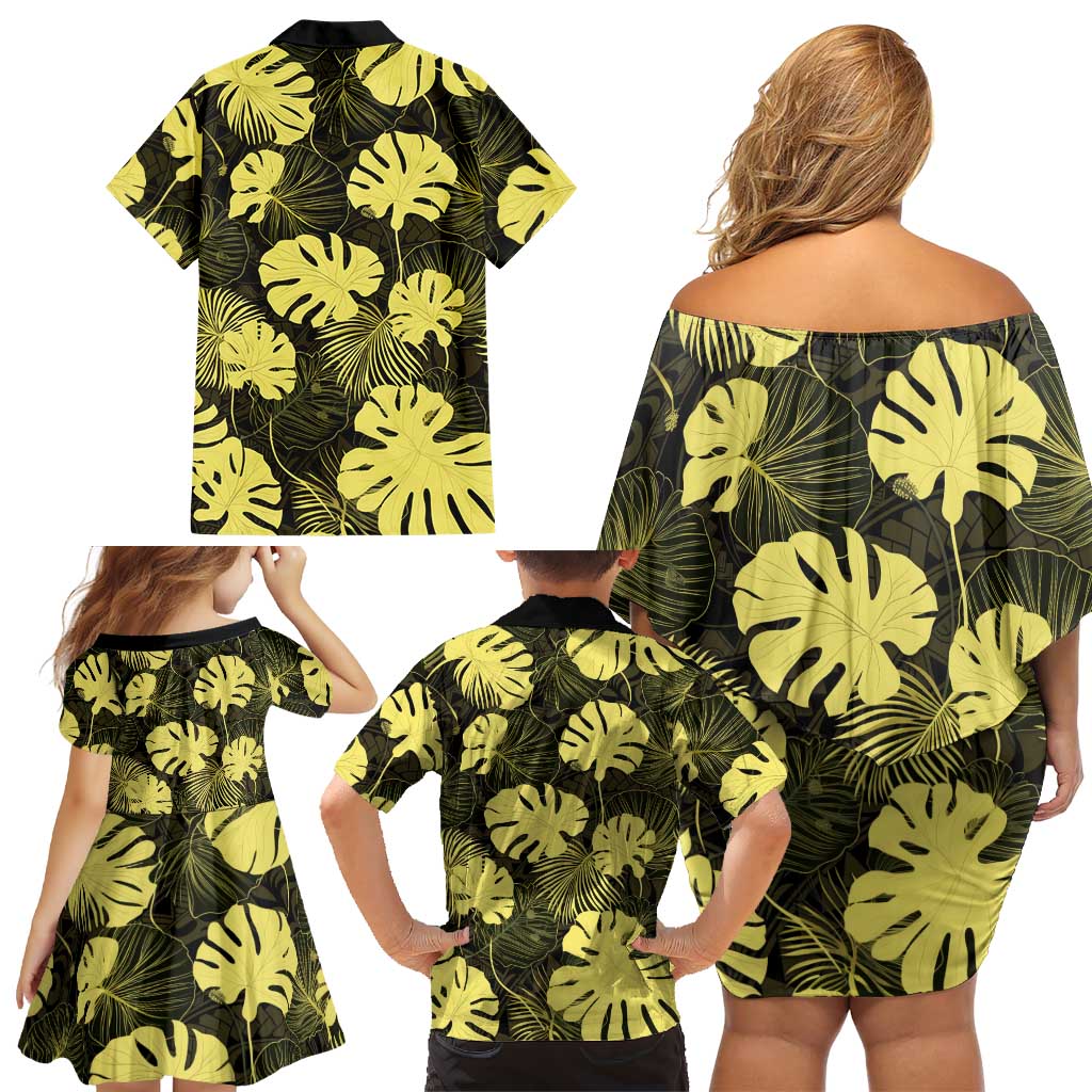 Yellow Hawaii Kukui Nut Lei Family Matching Off Shoulder Short Dress and Hawaiian Shirt Hawaiian Pattern Monstera Tropical Vibes - Polynesian Pride
