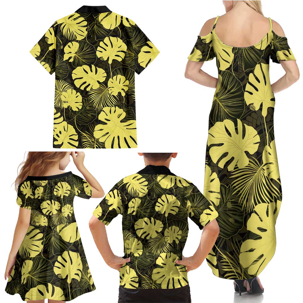 Yellow Hawaii Kukui Nut Lei Family Matching Summer Maxi Dress and Hawaiian Shirt Hawaiian Pattern Monstera Tropical Vibes - Polynesian Pride