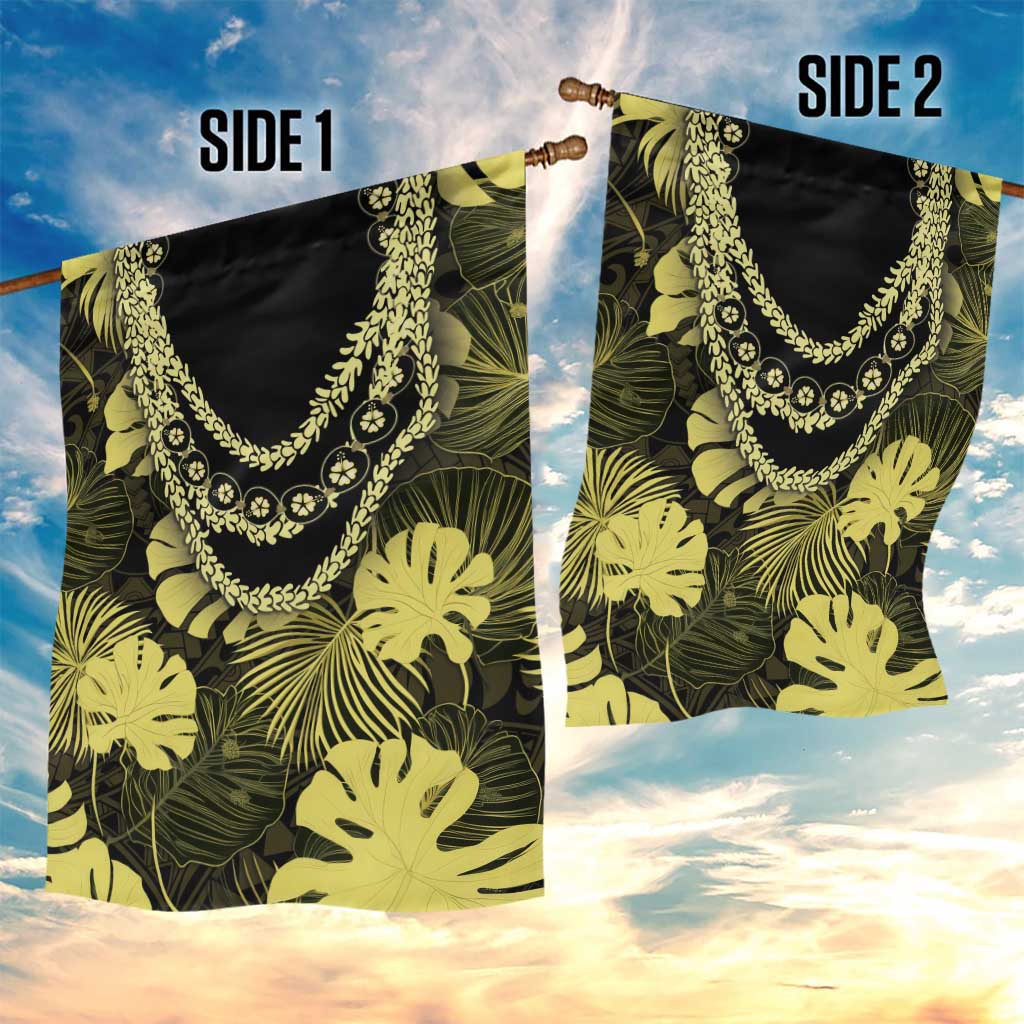 Yellow Hawaii Kukui Nut Lei Garden Flag Hawaiian Pattern Monstera Tropical Vibes - Polynesian Pride
