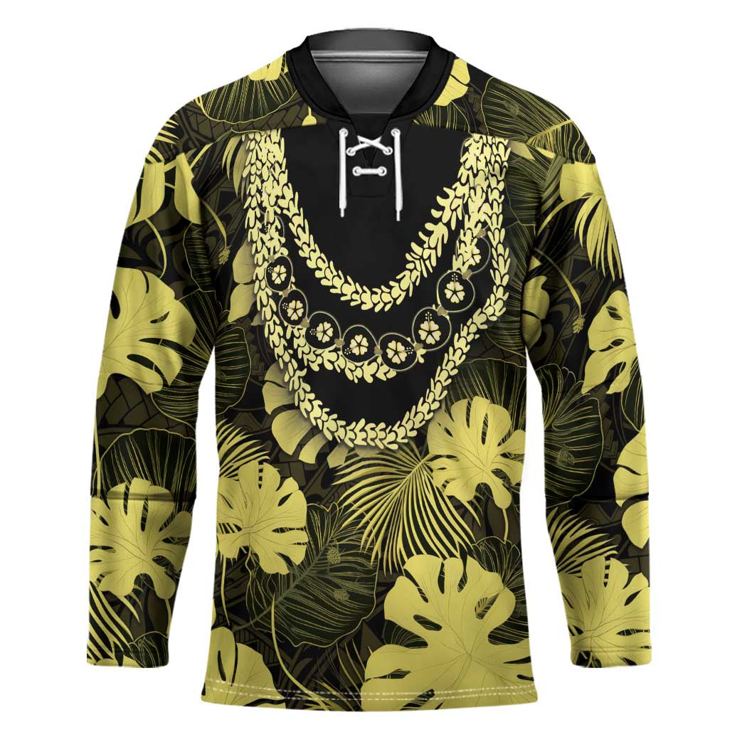Yellow Hawaii Kukui Nut Lei Hockey Jersey Hawaiian Pattern Monstera Tropical Vibes - Polynesian Pride