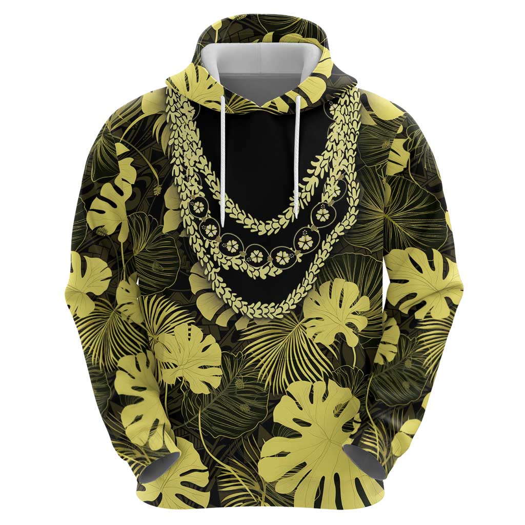 Yellow Hawaii Kukui Nut Lei Hoodie Hawaiian Pattern Monstera Tropical Vibes - Polynesian Pride