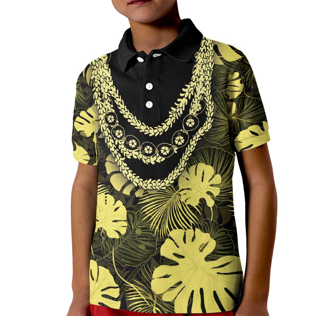 Yellow Hawaii Kukui Nut Lei Kid Polo Shirt Hawaiian Pattern Monstera Tropical Vibes - Polynesian Pride