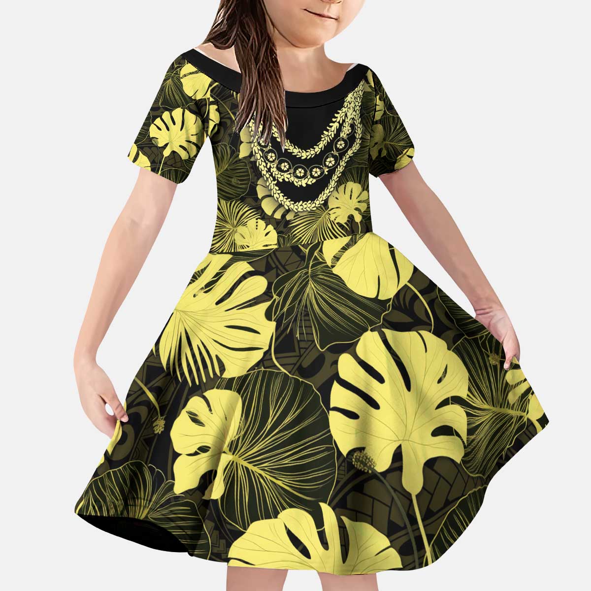 Yellow Hawaii Kukui Nut Lei Kid Short Sleeve Dress Hawaiian Pattern Monstera Tropical Vibes - Polynesian Pride