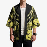 Yellow Hawaii Kukui Nut Lei Kimono Hawaiian Pattern Monstera Tropical Vibes - Polynesian Pride