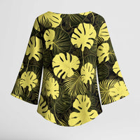 Yellow Hawaii Kukui Nut Lei Kimono Sleeve Blouse Hawaiian Pattern Monstera Tropical Vibes - Polynesian Pride