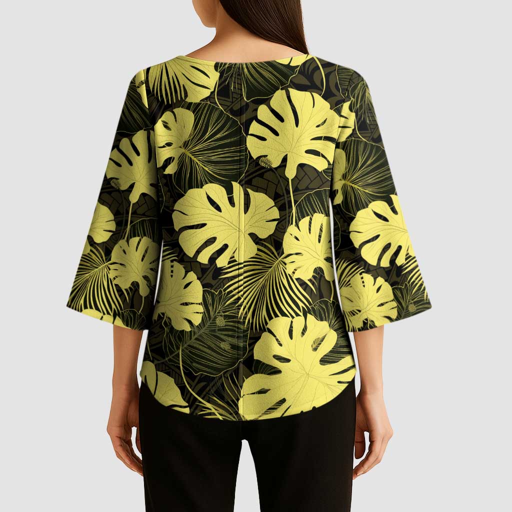 Yellow Hawaii Kukui Nut Lei Kimono Sleeve Blouse Hawaiian Pattern Monstera Tropical Vibes - Polynesian Pride