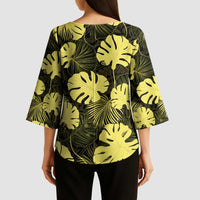 Yellow Hawaii Kukui Nut Lei Kimono Sleeve Blouse Hawaiian Pattern Monstera Tropical Vibes - Polynesian Pride