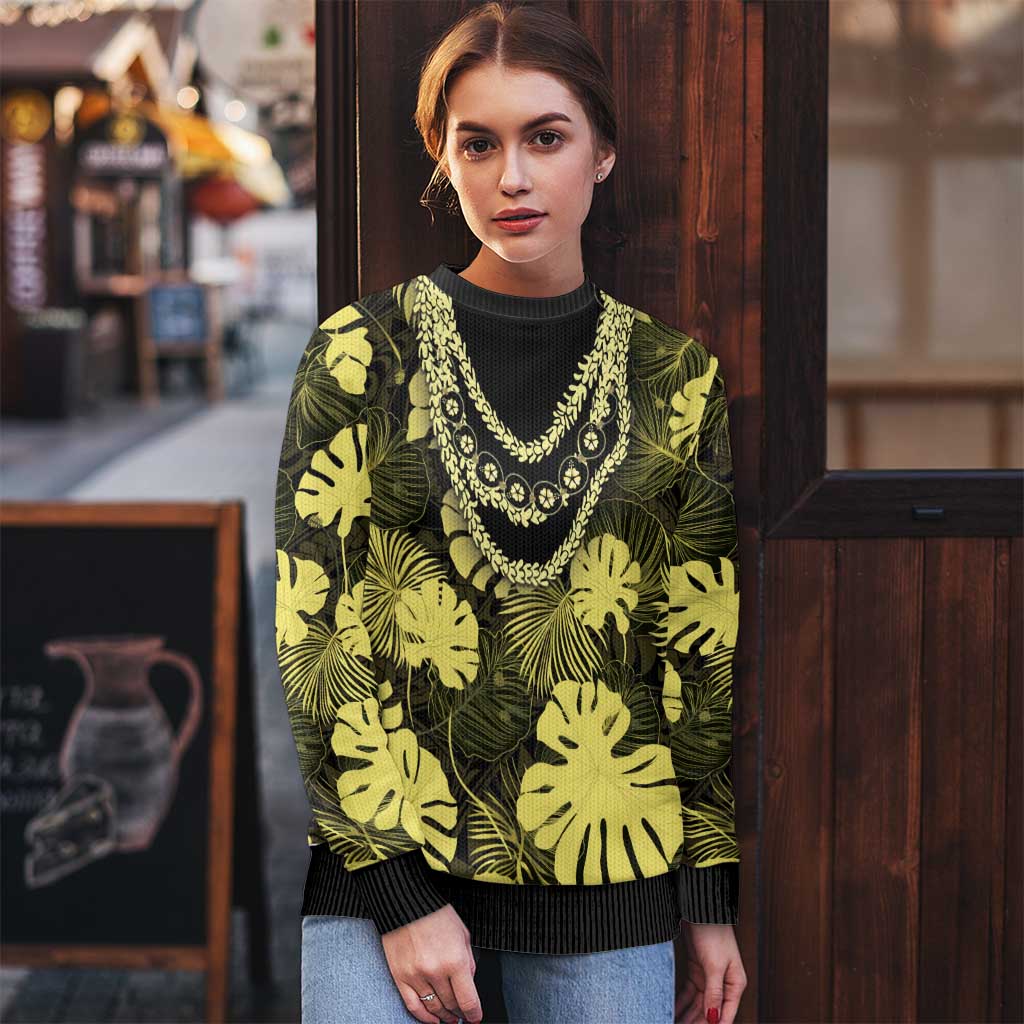 Yellow Hawaii Kukui Nut Lei Ugly Christmas Sweater Hawaiian Pattern Monstera Tropical Vibes - Polynesian Pride