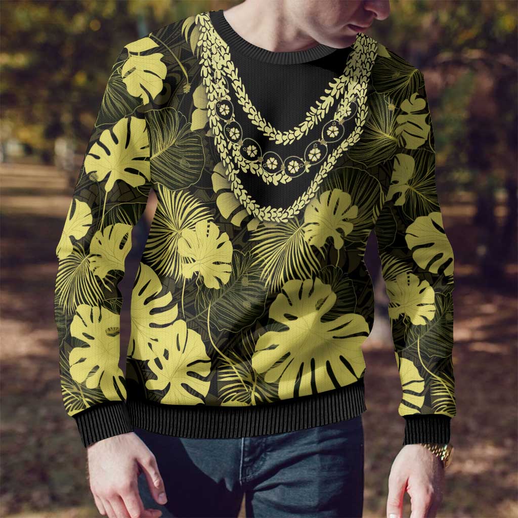 Yellow Hawaii Kukui Nut Lei Ugly Christmas Sweater Hawaiian Pattern Monstera Tropical Vibes - Polynesian Pride