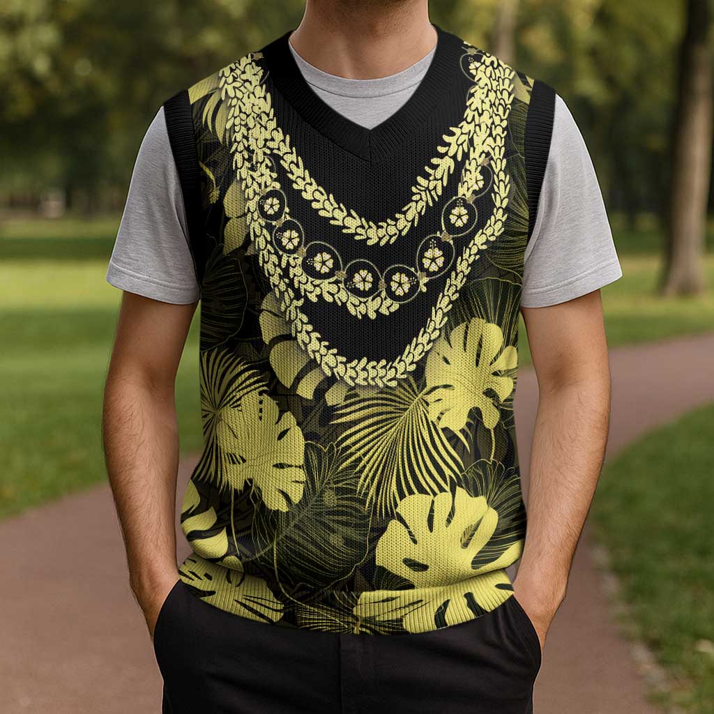 Yellow Hawaii Kukui Nut Lei Christmas Knitted V-Neck Vest Hawaiian Pattern Monstera Tropical Vibes - Polynesian Pride