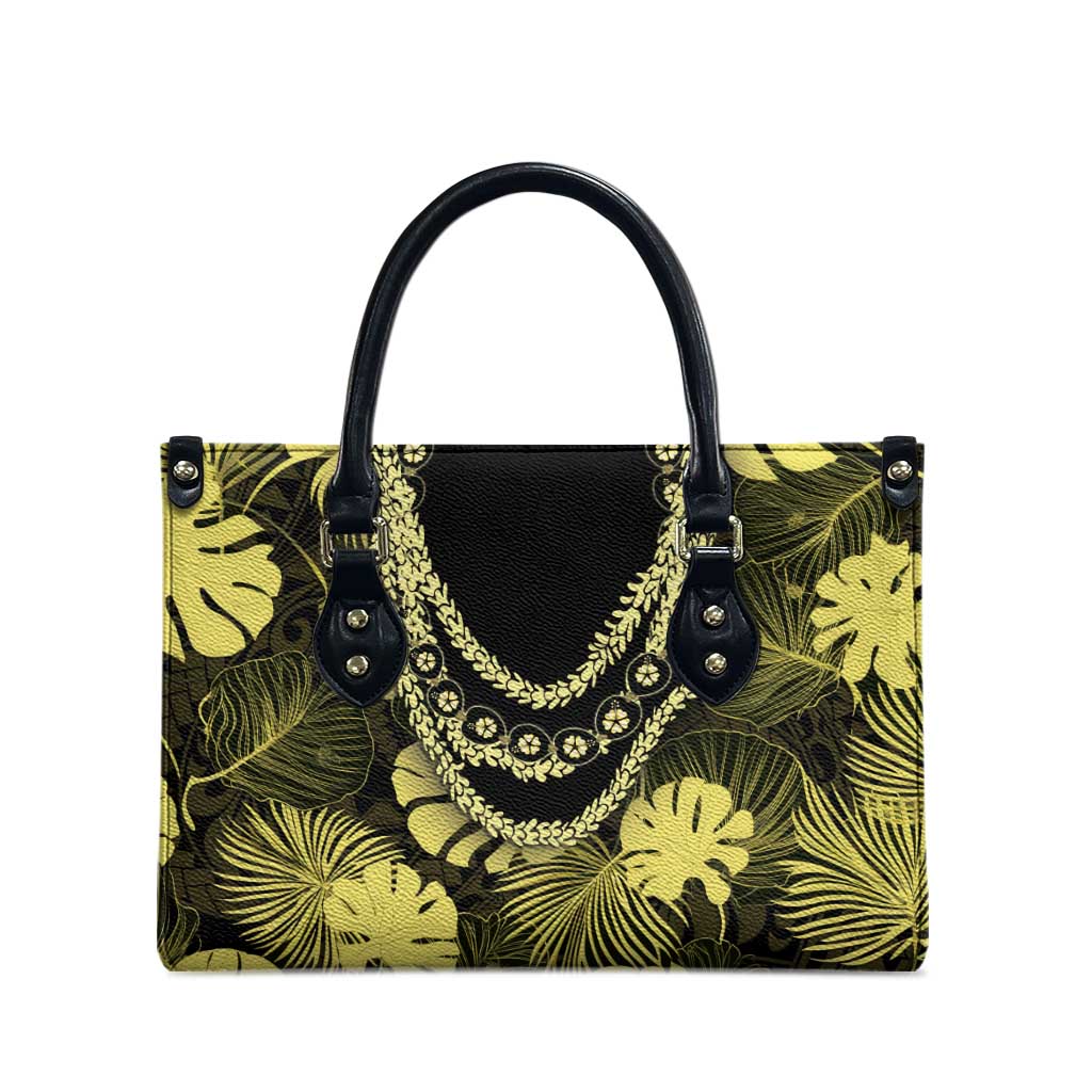 Yellow Hawaii Kukui Nut Lei Leather Bag Hawaiian Pattern Monstera Tropical Vibes - Polynesian Pride