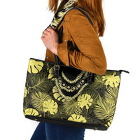 Yellow Hawaii Kukui Nut Lei Leather Tote Bag Hawaiian Pattern Monstera Tropical Vibes - Polynesian Pride