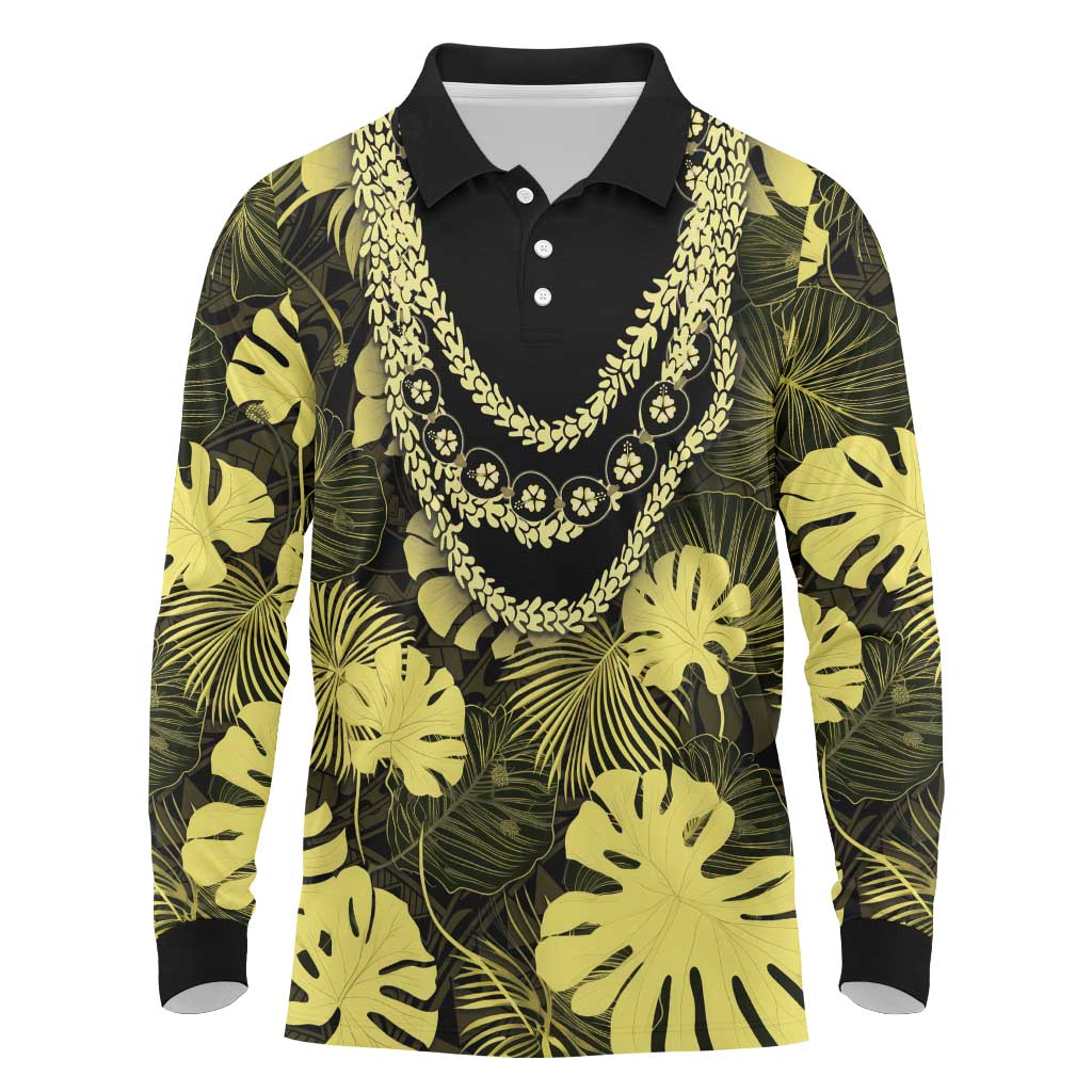 Yellow Hawaii Kukui Nut Lei Long Sleeve Polo Shirt Hawaiian Pattern Monstera Tropical Vibes - Polynesian Pride