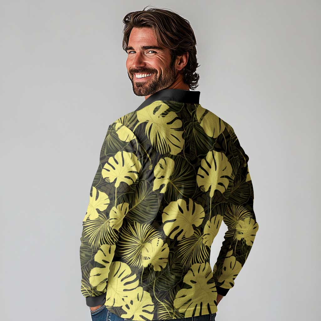 Yellow Hawaii Kukui Nut Lei Long Sleeve Polo Shirt Hawaiian Pattern Monstera Tropical Vibes - Polynesian Pride