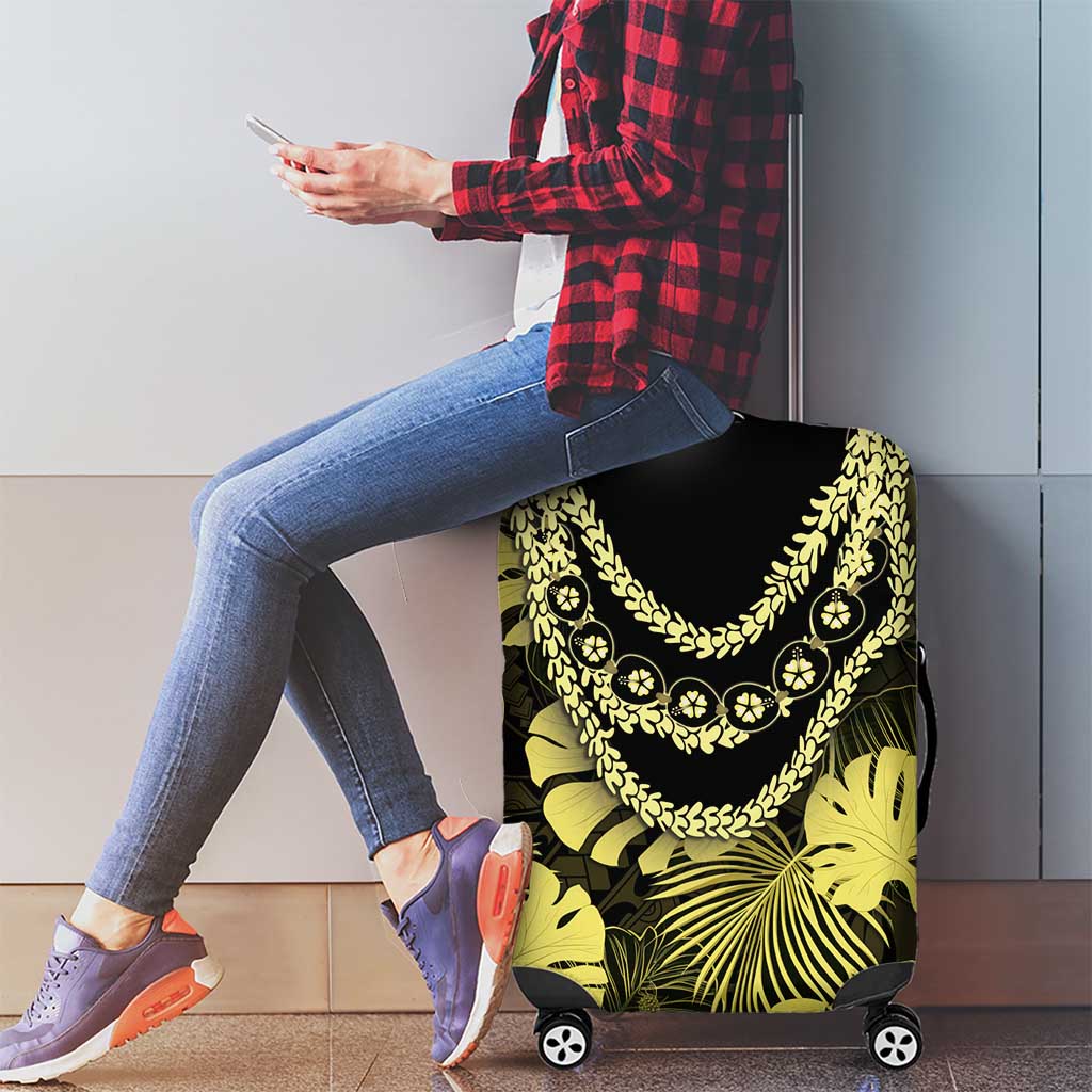 Yellow Hawaii Kukui Nut Lei Luggage Cover Hawaiian Pattern Monstera Tropical Vibes - Polynesian Pride