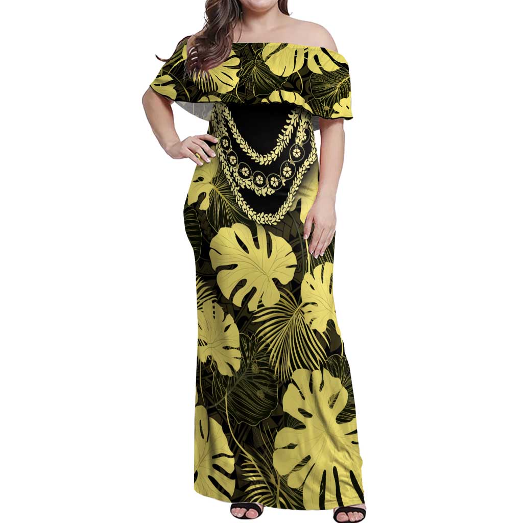 Yellow Hawaii Kukui Nut Lei Off Shoulder Maxi Dress Hawaiian Pattern Monstera Tropical Vibes - Polynesian Pride