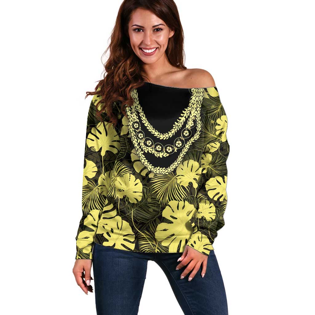 Yellow Hawaii Kukui Nut Lei Off Shoulder Sweater Hawaiian Pattern Monstera Tropical Vibes - Polynesian Pride