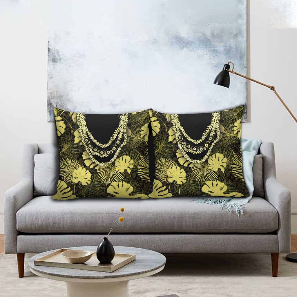 Yellow Hawaii Kukui Nut Lei Pillow Cover Hawaiian Pattern Monstera Tropical Vibes - Polynesian Pride