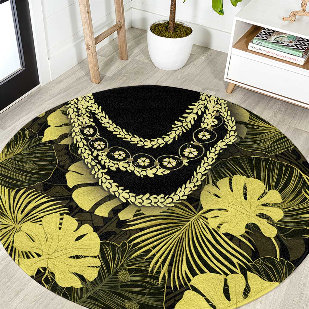 Yellow Hawaii Kukui Nut Lei Round Carpet Hawaiian Pattern Monstera Tropical Vibes - Polynesian Pride