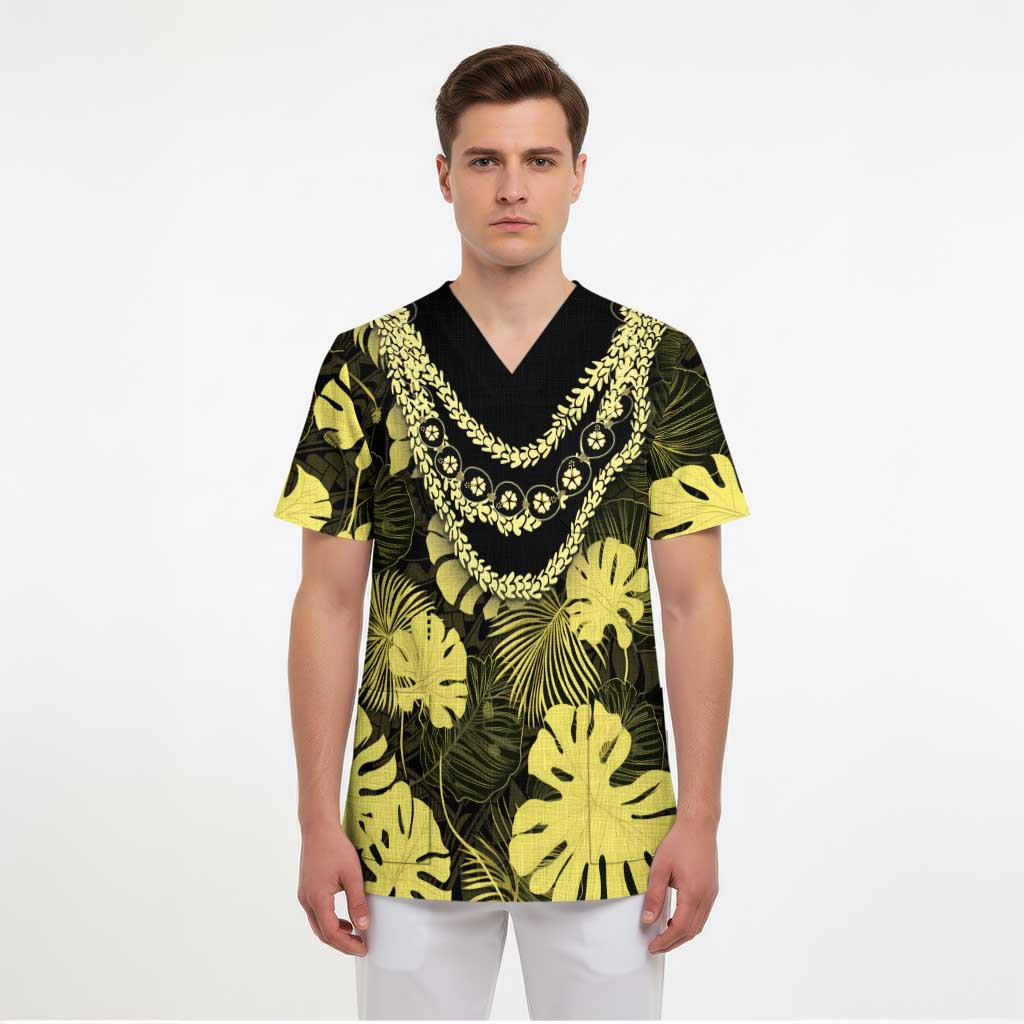 Yellow Hawaii Kukui Nut Lei Scrub Top Hawaiian Pattern Monstera Tropical Vibes - Polynesian Pride