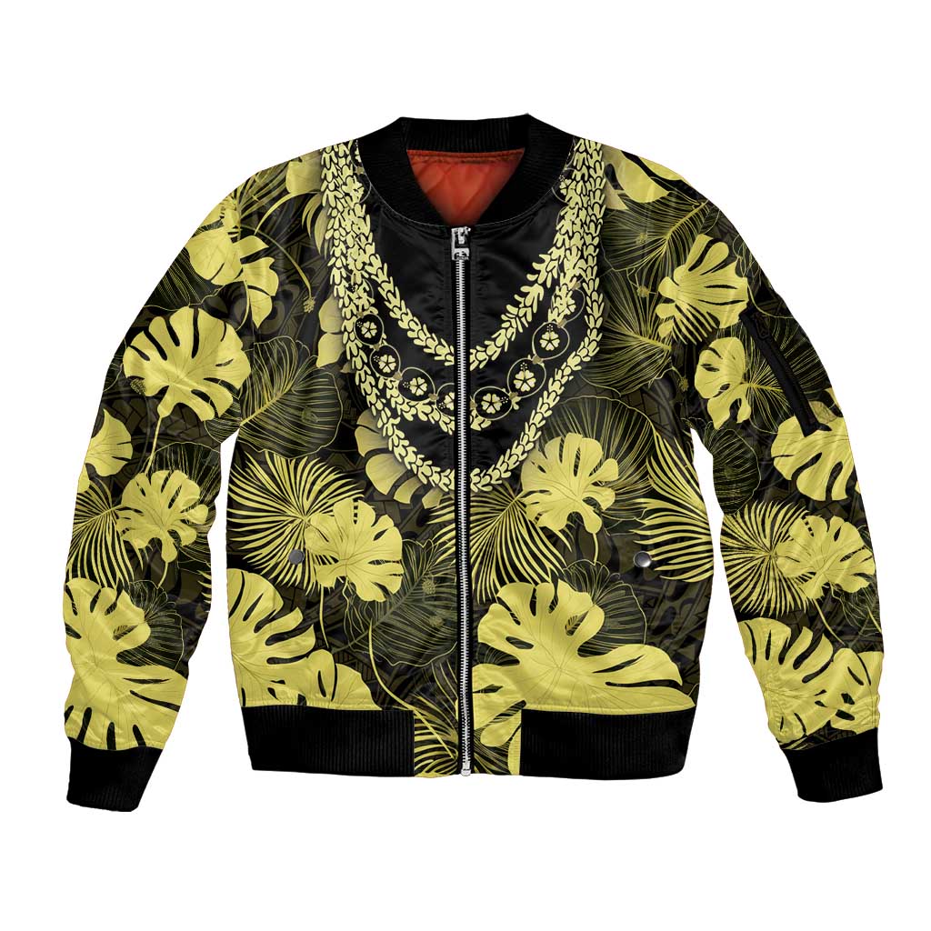 Yellow Hawaii Kukui Nut Lei Sleeve Zip Bomber Jacket Hawaiian Pattern Monstera Tropical Vibes - Polynesian Pride