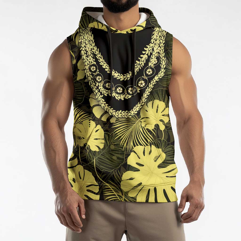 Yellow Hawaii Kukui Nut Lei Sleeveless Hoodie Hawaiian Pattern Monstera Tropical Vibes - Polynesian Pride