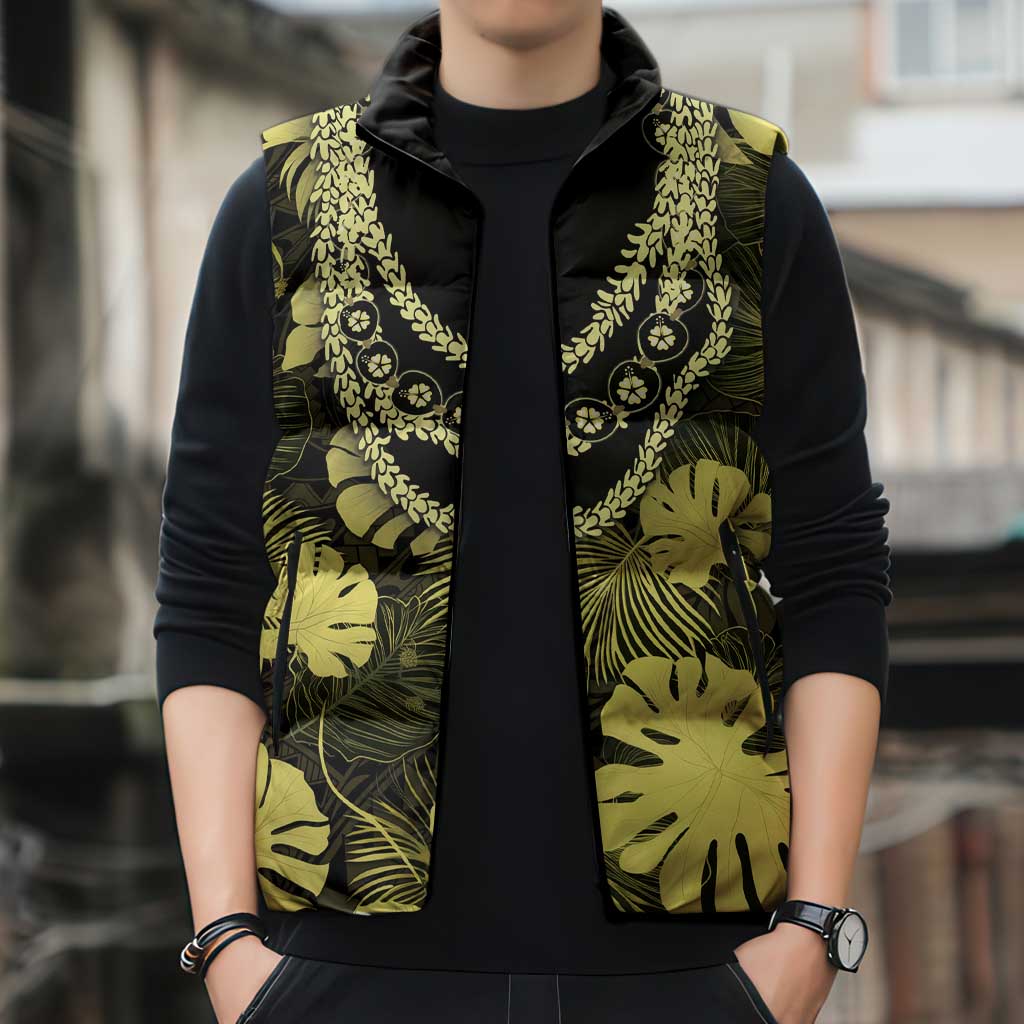 Yellow Hawaii Kukui Nut Lei Sleeveless Puffer Jacket Hawaiian Pattern Monstera Tropical Vibes - Polynesian Pride
