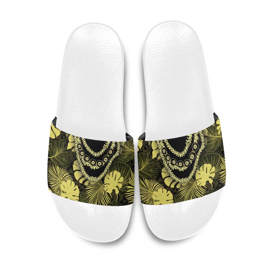 Yellow Hawaii Kukui Nut Lei Slide Sandals Hawaiian Pattern Monstera Tropical Vibes - Polynesian Pride