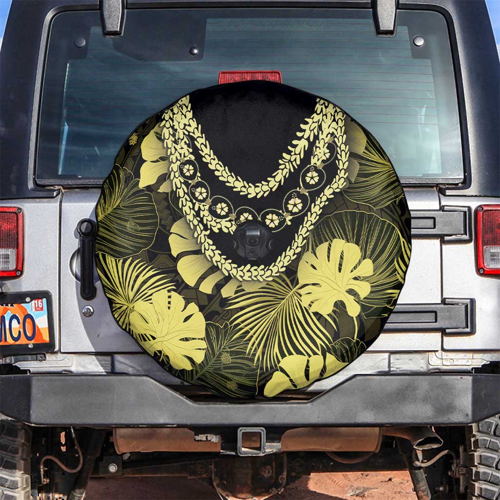 Yellow Hawaii Kukui Nut Lei Spare Tire Cover Hawaiian Pattern Monstera Tropical Vibes - Polynesian Pride