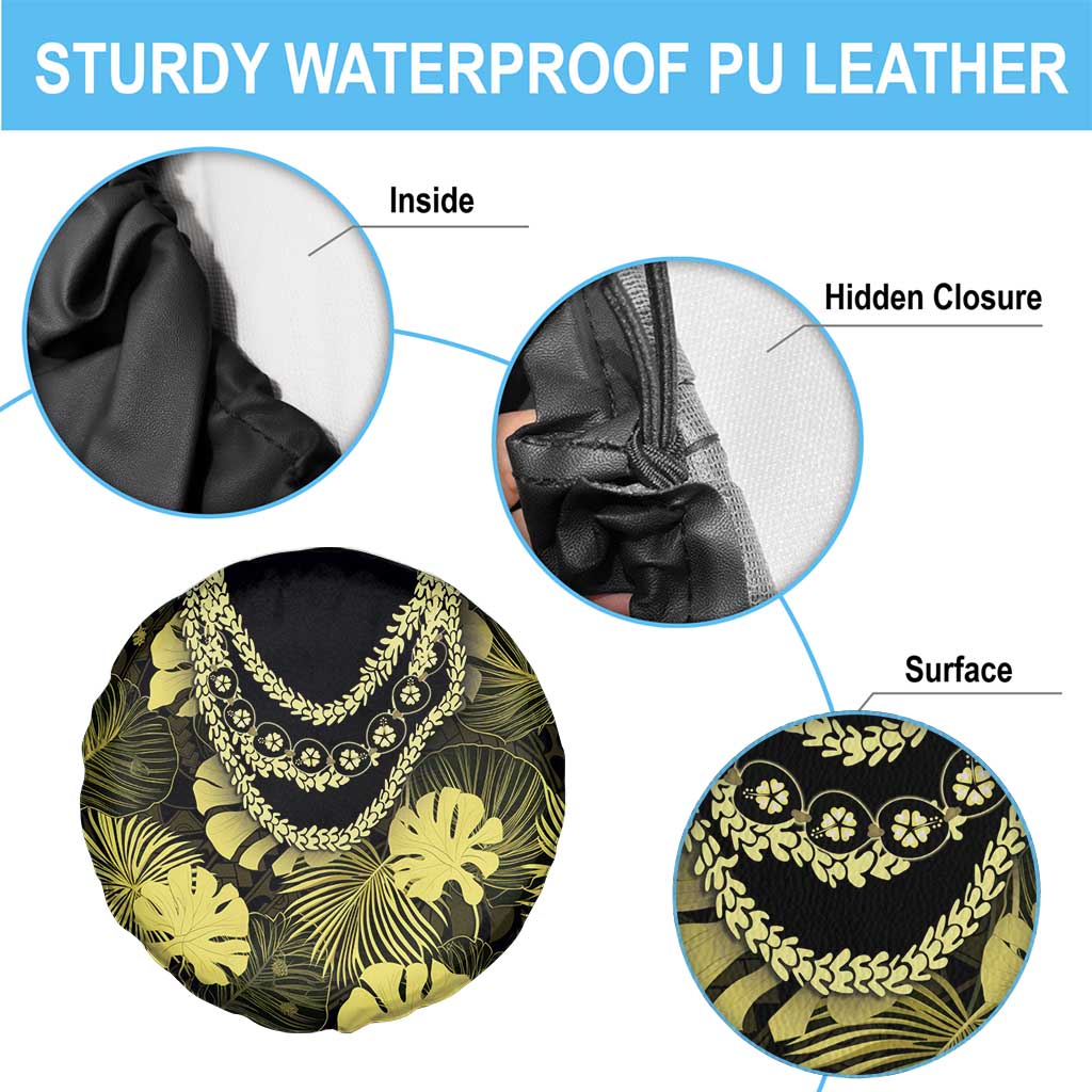 Yellow Hawaii Kukui Nut Lei Spare Tire Cover Hawaiian Pattern Monstera Tropical Vibes - Polynesian Pride