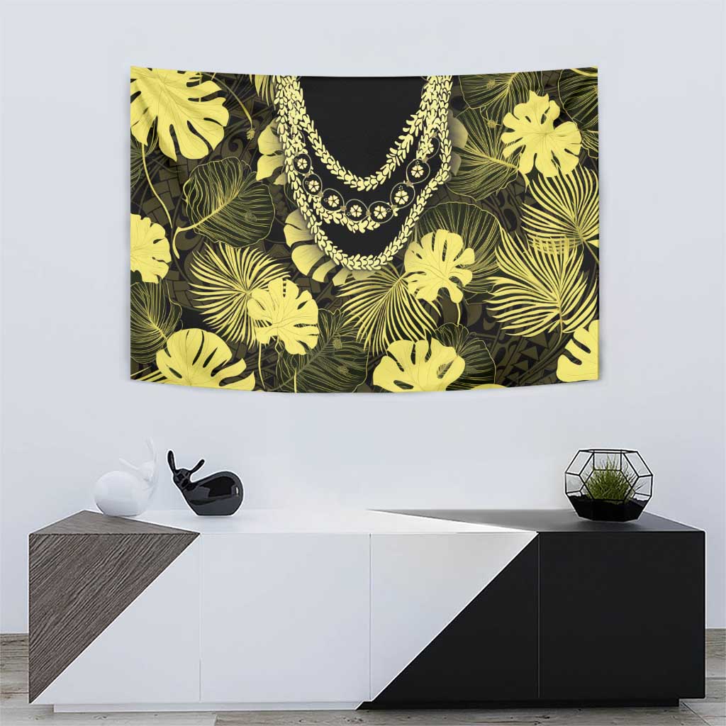 Yellow Hawaii Kukui Nut Lei Tapestry Hawaiian Pattern Monstera Tropical Vibes - Polynesian Pride
