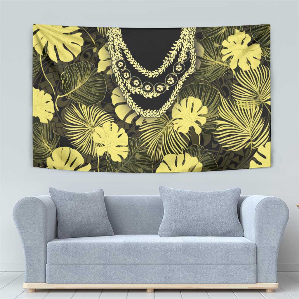 Yellow Hawaii Kukui Nut Lei Tapestry Hawaiian Pattern Monstera Tropical Vibes - Polynesian Pride
