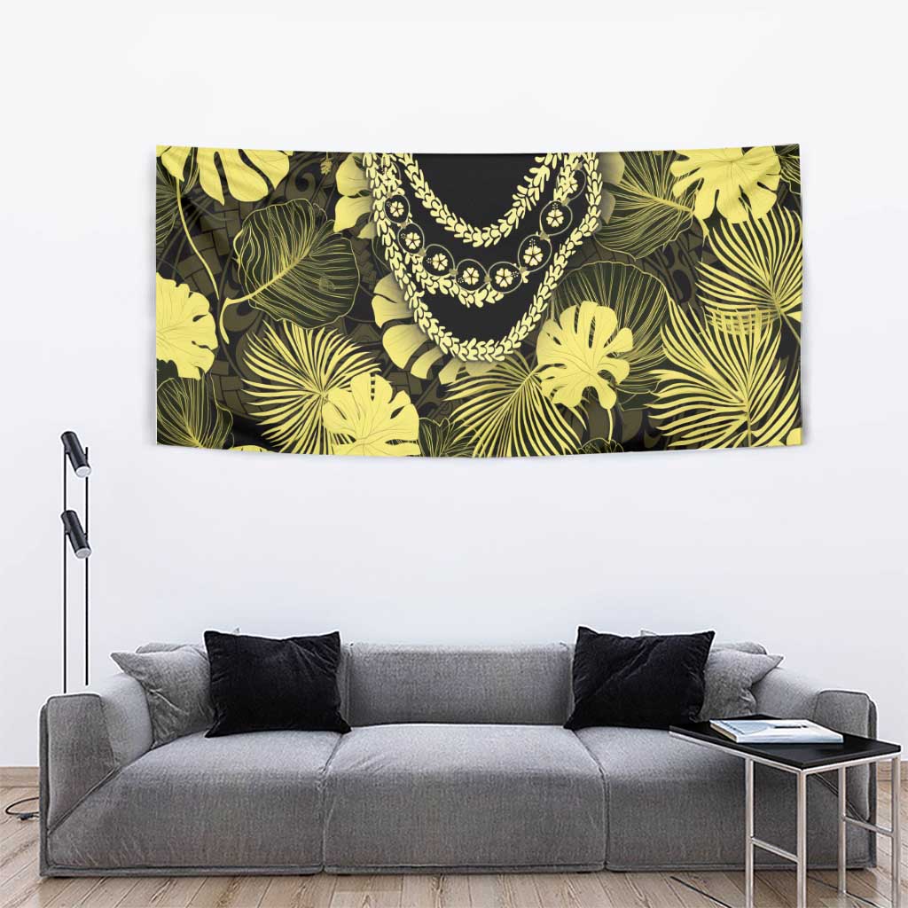 Yellow Hawaii Kukui Nut Lei Tapestry Hawaiian Pattern Monstera Tropical Vibes - Polynesian Pride