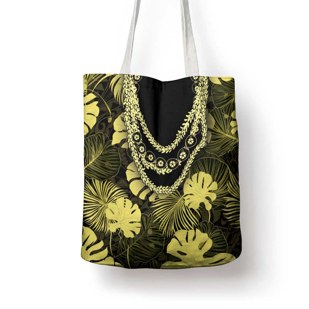 Yellow Hawaii Kukui Nut Lei Tote Bag Hawaiian Pattern Monstera Tropical Vibes - Polynesian Pride