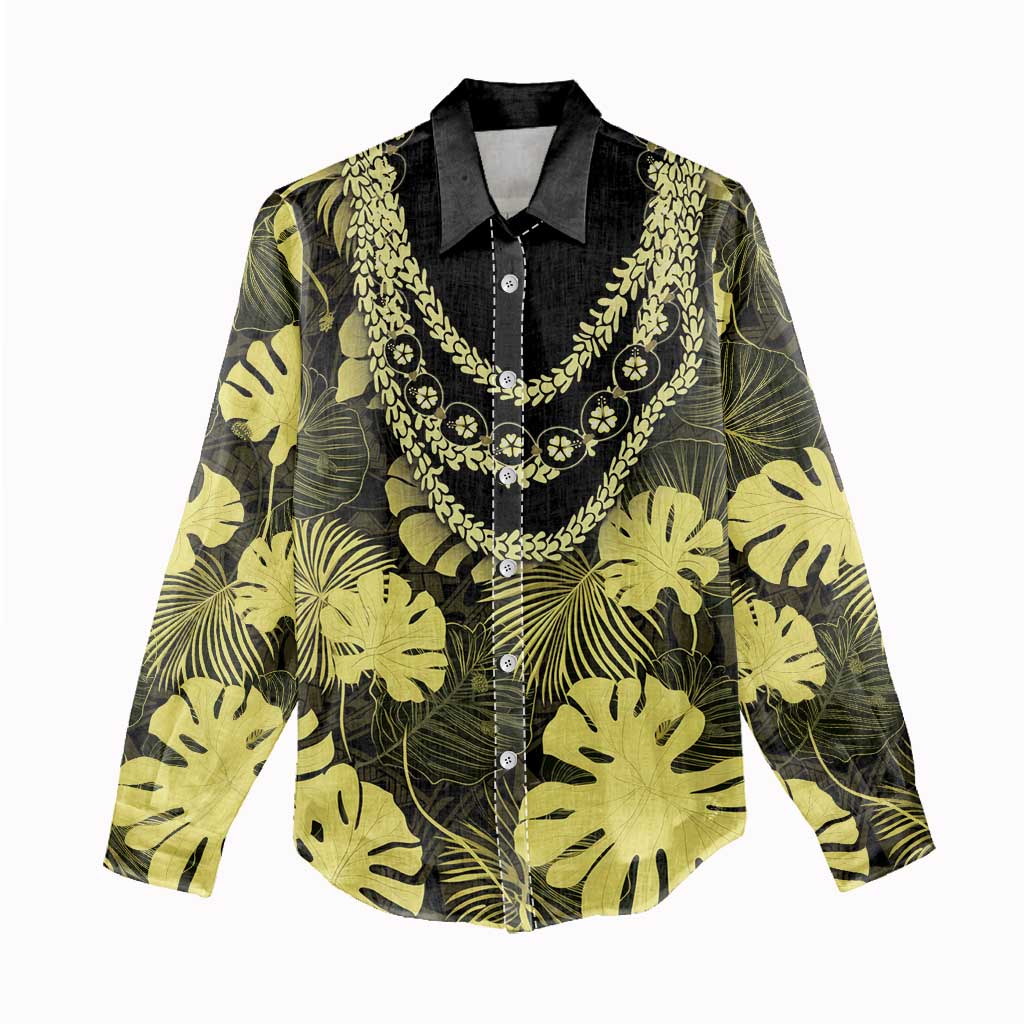Yellow Hawaii Kukui Nut Lei Women Casual Shirt Hawaiian Pattern Monstera Tropical Vibes - Polynesian Pride