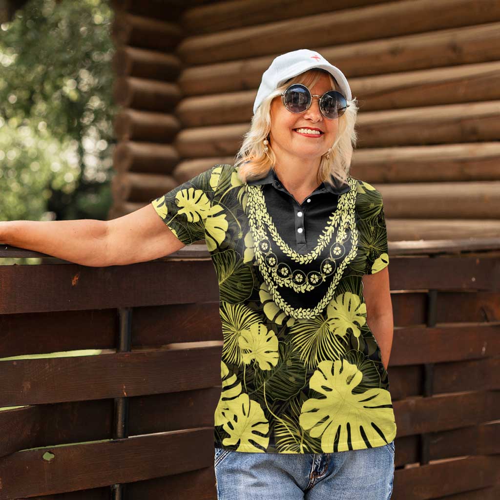 Yellow Hawaii Kukui Nut Lei Women Polo Shirt Hawaiian Pattern Monstera Tropical Vibes - Polynesian Pride