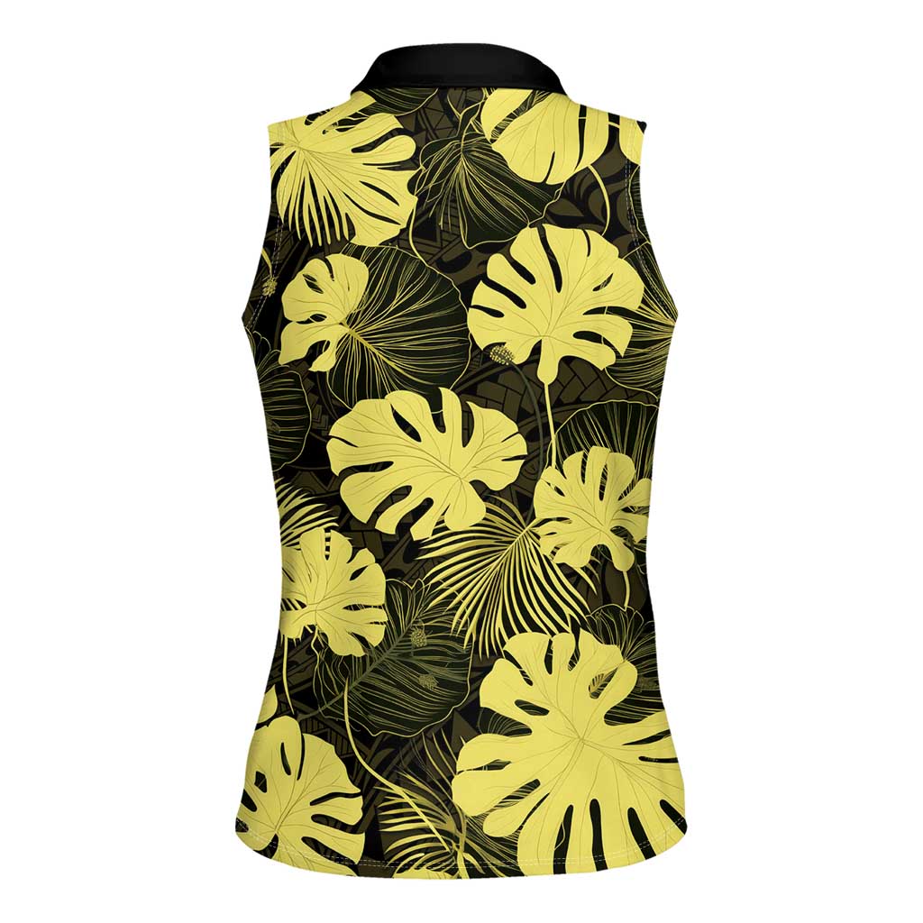 Yellow Hawaii Kukui Nut Lei Women Sleeveless Polo Shirt Hawaiian Pattern Monstera Tropical Vibes - Polynesian Pride