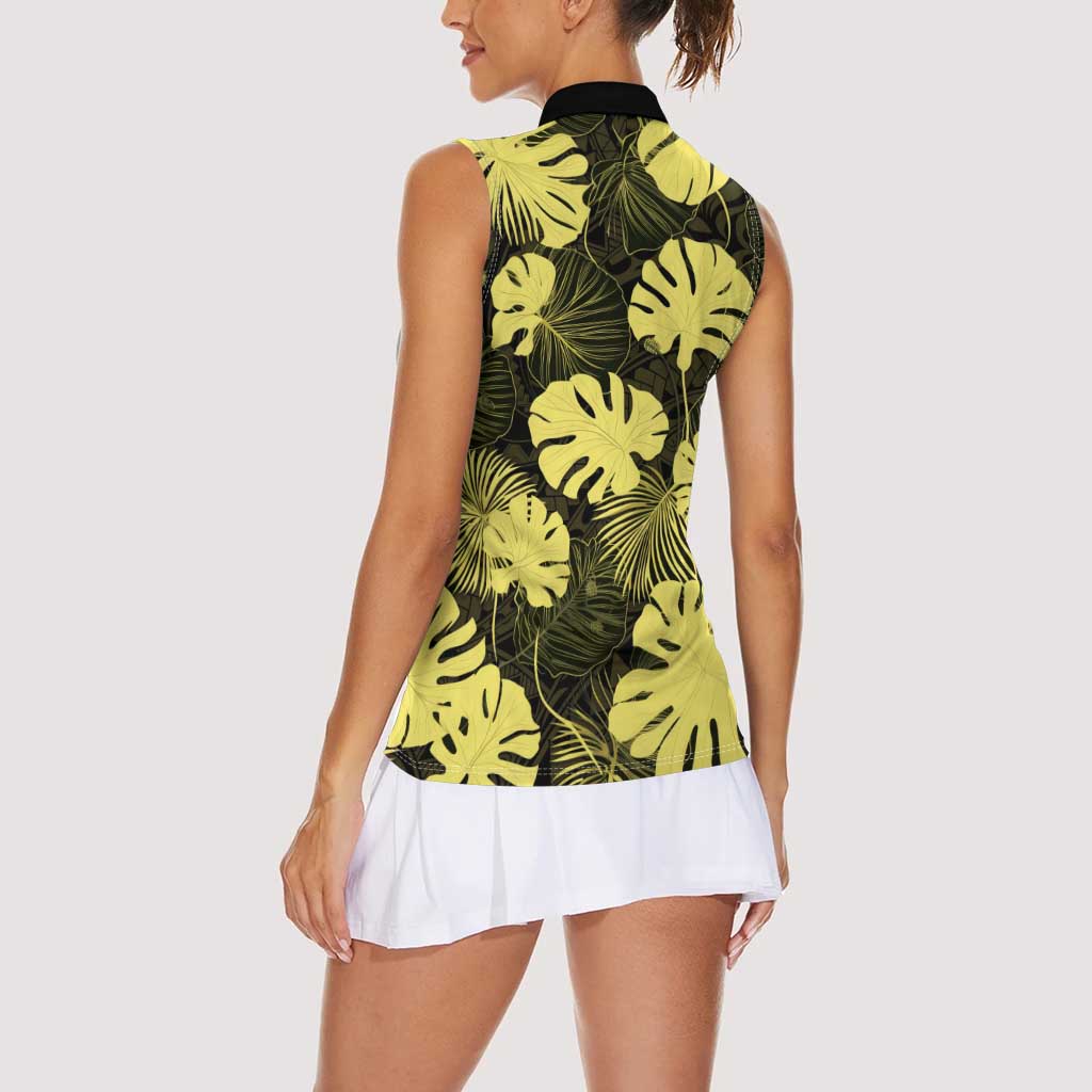 Yellow Hawaii Kukui Nut Lei Women Sleeveless Polo Shirt Hawaiian Pattern Monstera Tropical Vibes - Polynesian Pride