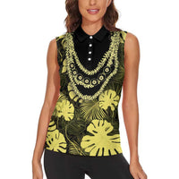 Yellow Hawaii Kukui Nut Lei Women Sleeveless Polo Shirt Hawaiian Pattern Monstera Tropical Vibes - Polynesian Pride