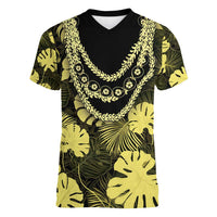 Yellow Hawaii Kukui Nut Lei Women V-Neck T-Shirt Hawaiian Pattern Monstera Tropical Vibes - Polynesian Pride