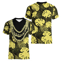 Yellow Hawaii Kukui Nut Lei Women V-Neck T-Shirt Hawaiian Pattern Monstera Tropical Vibes - Polynesian Pride