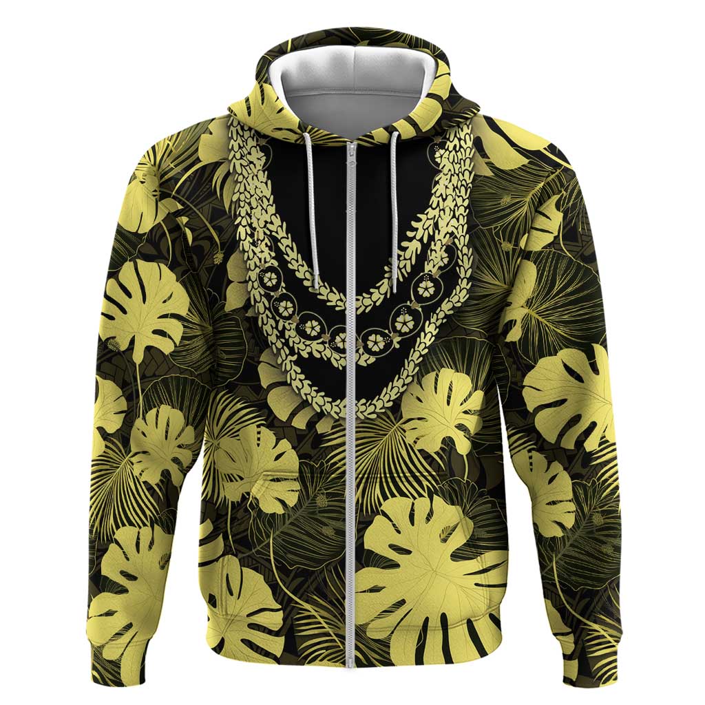 Yellow Hawaii Kukui Nut Lei Zip Hoodie Hawaiian Pattern Monstera Tropical Vibes - Polynesian Pride