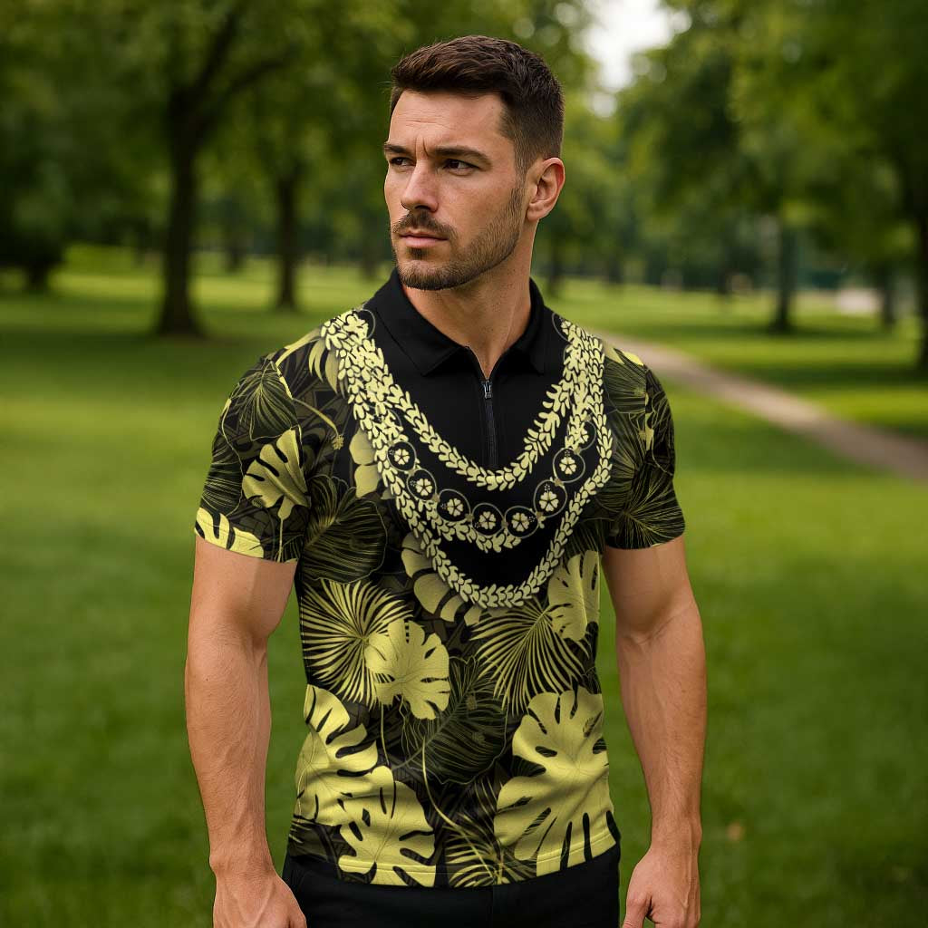 Yellow Hawaii Kukui Nut Lei Zipper Polo Shirt Hawaiian Pattern Monstera Tropical Vibes - Polynesian Pride