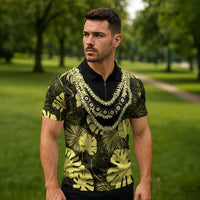 Yellow Hawaii Kukui Nut Lei Zipper Polo Shirt Hawaiian Pattern Monstera Tropical Vibes - Polynesian Pride