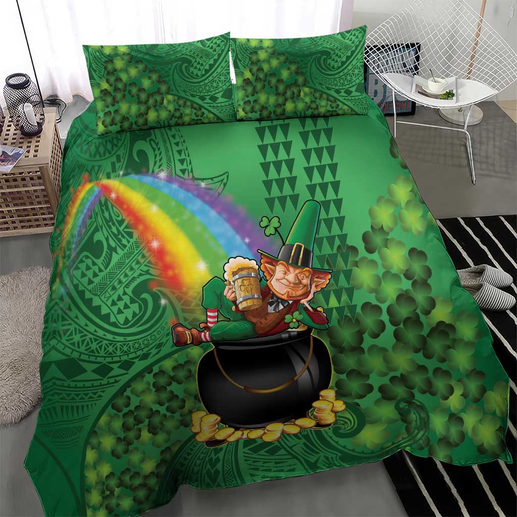 Hawaii Saint Patrick's Day Bedding Set Funny Leprechaun With Pot Of Gold - Polynesian Tattoo